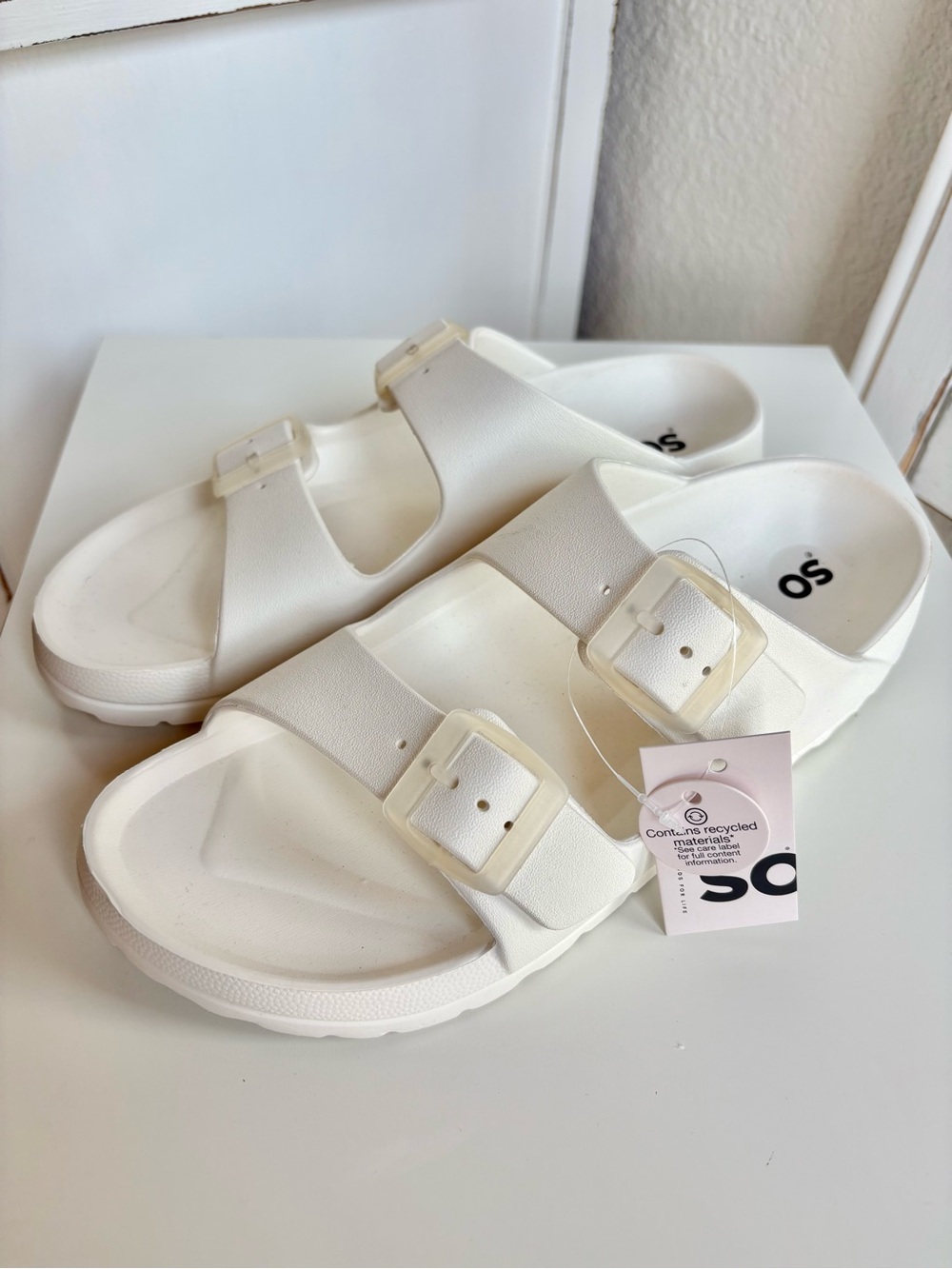 SO White Double-Buckle Slide Sandals